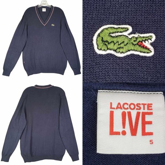 Lacoste Sweater Men's Size 5 Large Navy Blue V-Neck Pullover Logo Cotton - Picture 1 of 11